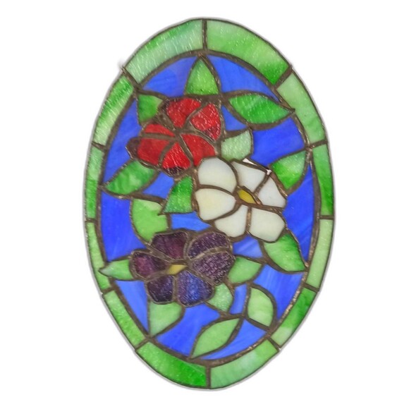 Stained Glass Panel Wall Hanging Window Decor 12x8 in Oval Art Glass Sun Catcher - Picture 1 of 10